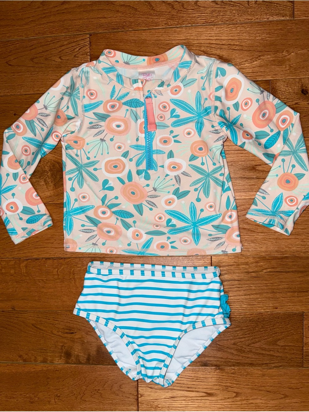 RuffleButts Girls Rash Guard Swimsuit Set 3T Floral Stripe Two Piece UPF (80)
